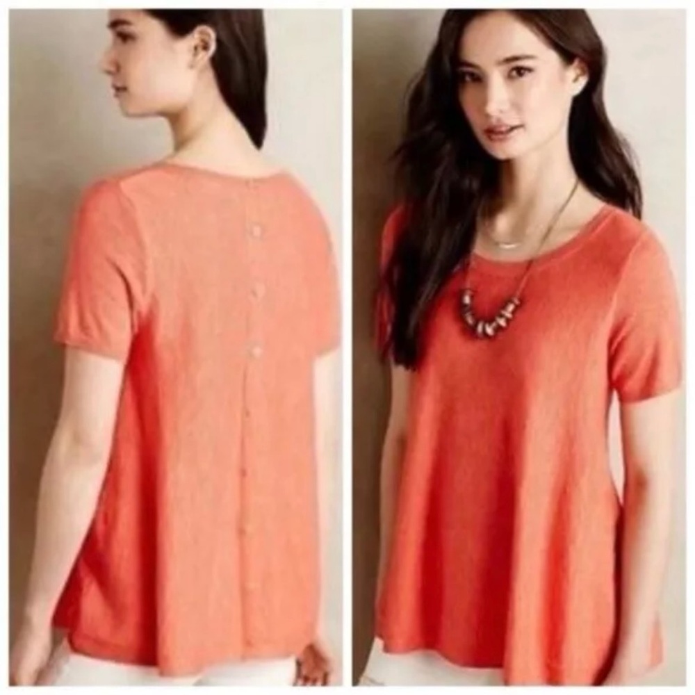 MOTH ANTHROPOLOGIE Knit Swing Tunic Short Sleeve Tee Button Orange Coral  Med